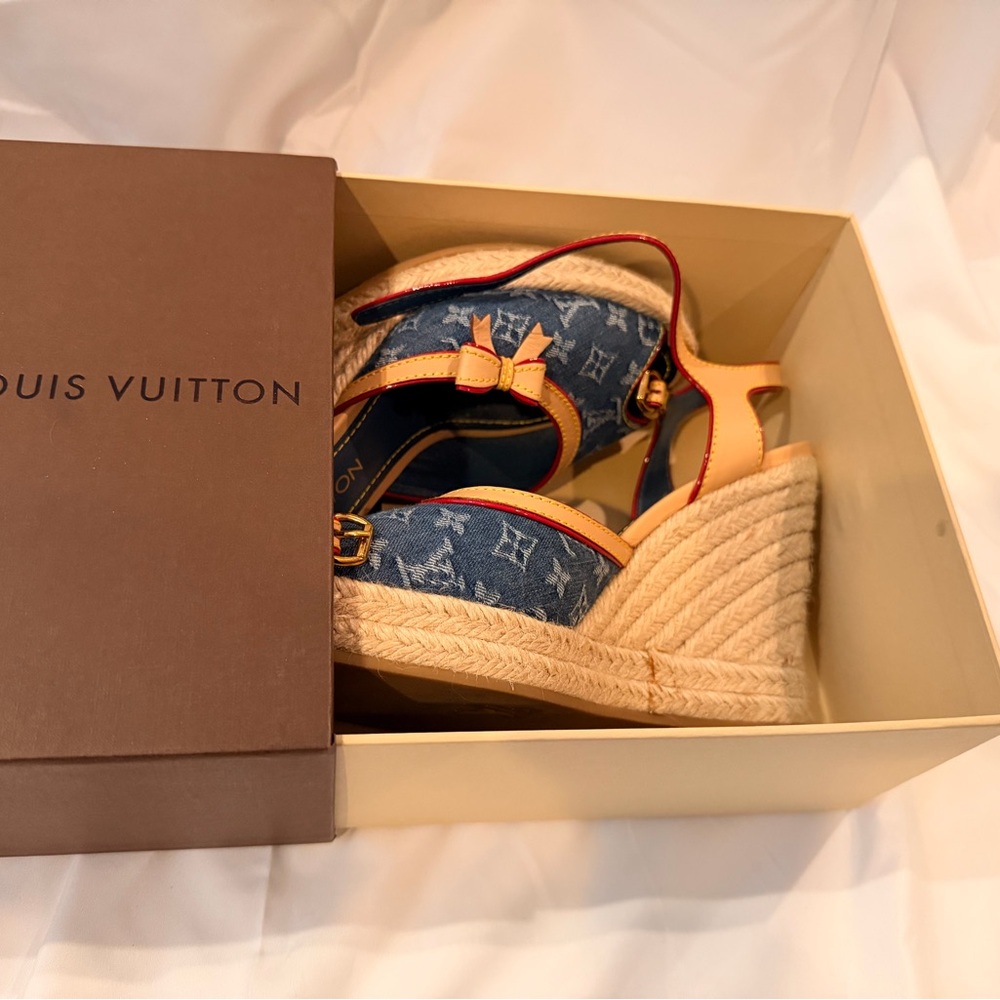 Louis Vuitton Denim and Tan Wedge Sandals - Picture 2 of 5